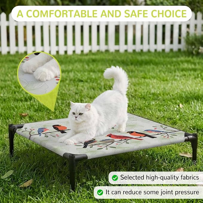Outdoor Elevated Dog Bed for Small Dogs, Rustic Cardinal Bird Breathable Cooling Raised Dog Cot for Indoor/Outdoor, Green Leaves Branches Country Berries Waterproof Elevated Pet Beds, S 20 x 20 in