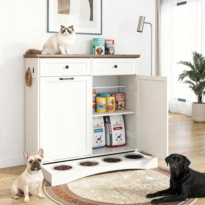 39.7’’W Dog Feeding Station, Tilt-Out Dog Food Cabinet for Multi-Pets, Pet Feeder Station with 4 Feeding Bowls, Dog & Cat Storage Organizer with Hanging Rod, (White, Dual Doors)