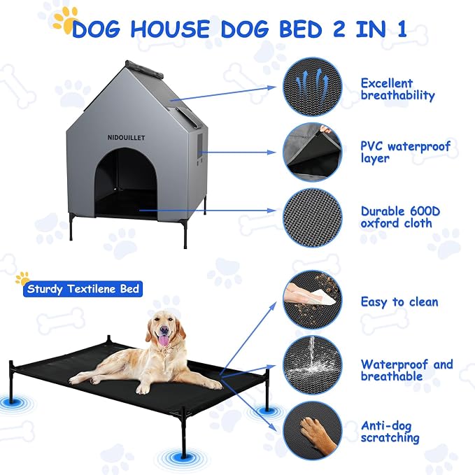 Dog House Outdoor 36 Inch Dog Shelter with Bed for Medium & Small Dogs | Windproof Waterproof Easy Clean, Durable 600D PVC Construction 160Lb Weight Capacity, Outdoor Dog Resting Space