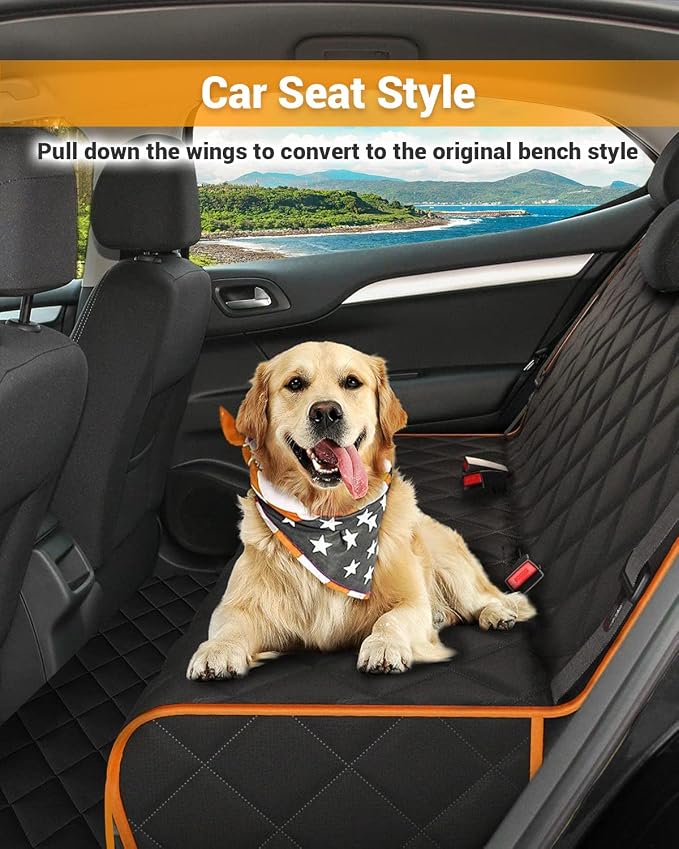 Dog Car Seat Cover, 600D Heavy Dute Car Seat Cover for Dogs Pets, 100% Waterproof Anti-Scratch Nonslip Dog Hammock for Cars, Seat Covers Protector with Seatbelt for Sedan SUV Truck XL Orange&Black