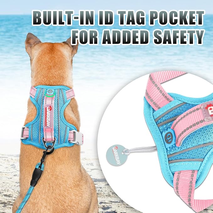 BARKBAY No Pull Dog Harness Large Reflective Dog Harness with Front Clip and Easy Control Handle for Walking Training Running with ID tag Pocket(Baby Blue & Baby Pink,L)