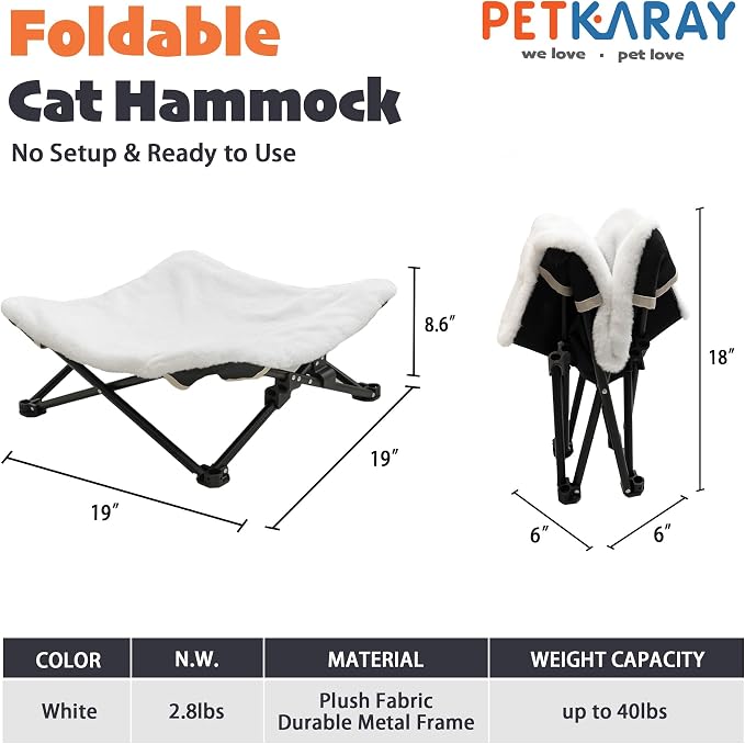 PETKARAY Foldable Cat Hammock Bed, Elevated Fluffy Kitty Lounge Furniture with Metal Frame, Raised Cat Hammock Chair for Indoor Cats