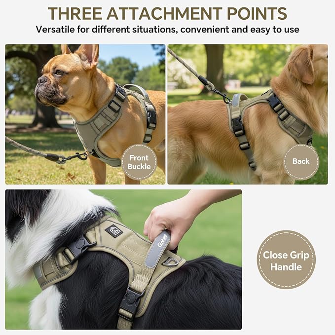 Heavy Duty Tactical Dog Harness for Small Dogs, No Pull Dog Harness with Handle & Front Clip, Reflective Soft Padded, Hook and Loop Panel, Dog Vest for Walking, Service Training, Khaki