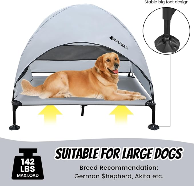 KINGROCK Elevated Dog Bed with Removable Canopy Portable Outdoor Pet Cot Waterproof 600D Oxford Fabric Anti Slip Feet for Large Dogs Camping Beach Indoor and Outdoor Use