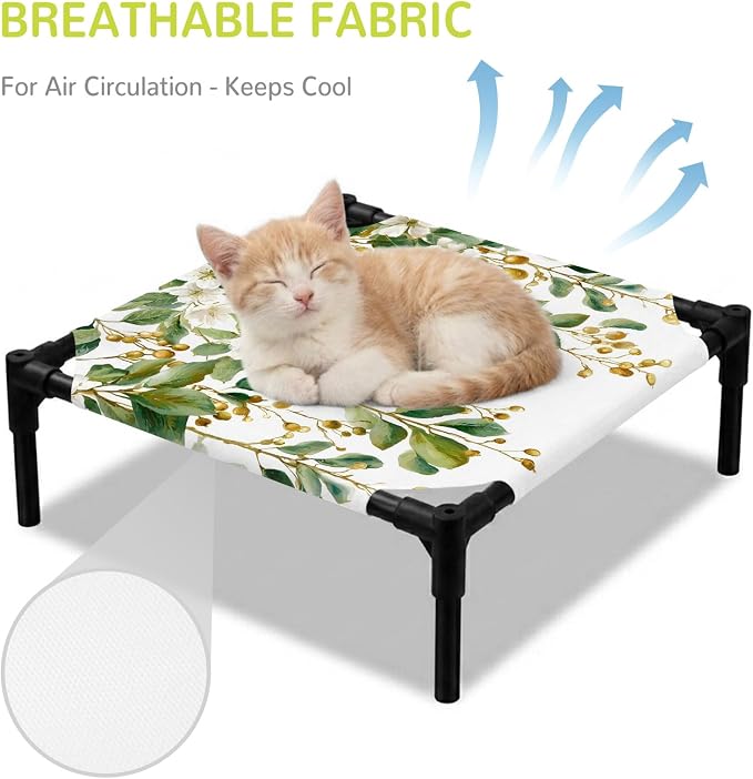 Outdoor Elevated Dog Bed for Small Dogs, Floral Vine Breathable Cooling Raised Dog Cot for Indoor/Outdoor, White Hanging Buds Botanical Flowers Farmhouse Waterproof Elevated Pet Beds, S 20 x 20 in