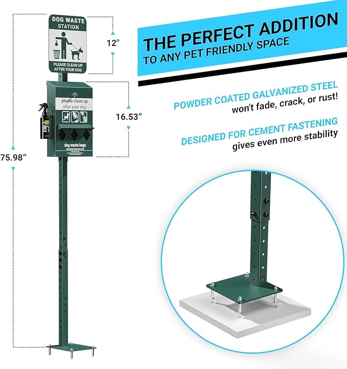 Flash Furniture Mini Pet Waste Station, 600 Bags, Green | Glow in the Dark Sign, Roll Waste Bag Dispenser, Hand Sanitizer