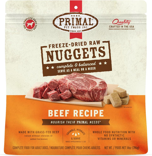 Primal Freeze Dried Raw Dog Food Nuggets, Beef, Complete & Balanced Meal, Also Use as Topper or Treat, Premium, Healthy, Grain Free, High Protein Raw Dog Food, 14 oz