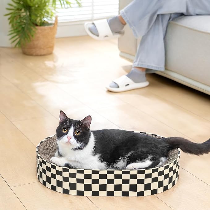 Conlun Oval Cat Scratcher Bed | Scratching Bowl Lounge for Cats | Large | Corrugated Cardboard Pad | Concave Shape | No Mess Enclosed Base | Serves as Couch Furniture Protector