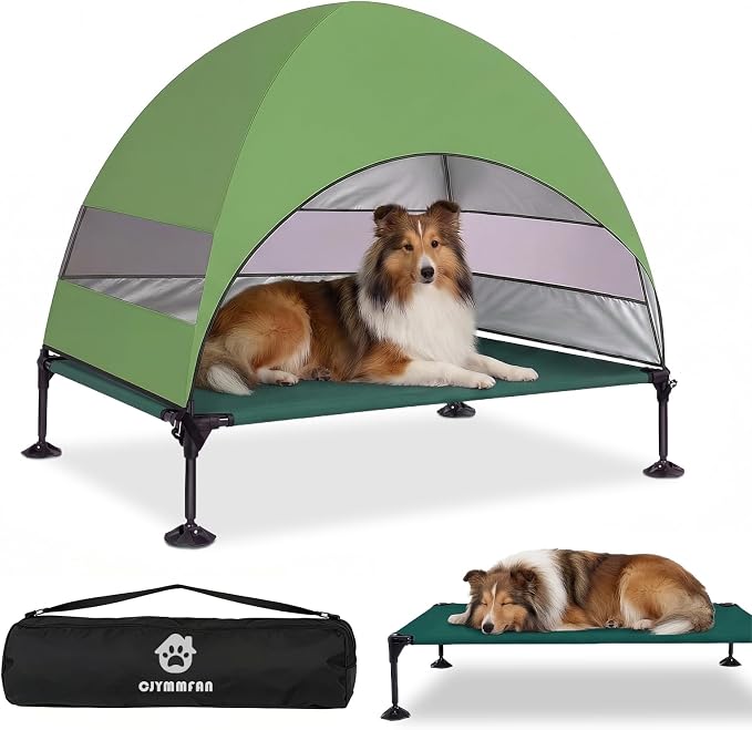 Elevated Dog Bed with UV-Proof Canopy, Outdoor Dog Tent with Powerful Adjustable Feet, Portable Pet Cot with Wider Shade, Raised Cooling Bed for Camping, Patio, Beach, Poolside