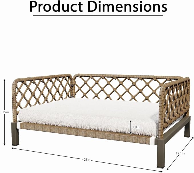 Indoor & Outdoor Dog Bed, Elevated All-Weather Wicker Pet Sofa with Washable Waterproof Cushion, Durable Rattan Dog Couch for Small Dogs, Brown Rattan/White Mat