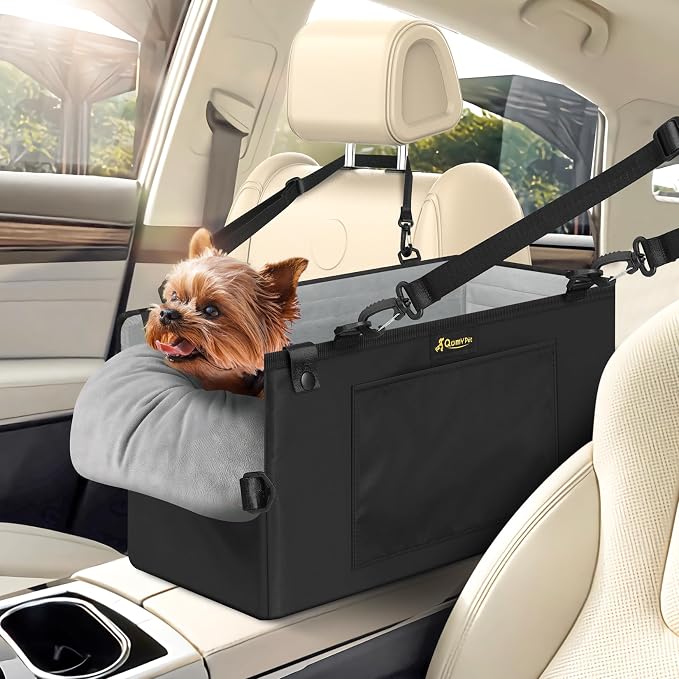 QUMY Middle Center Console Dog Car Seats for Small Dogs Up to 11lbs, Black | Portable Dog Booster Car Seat, Multi-Purpose Puppy CarSeat with Adjustable Harness, Small Dog Cat Pet Car Carriers for Travel