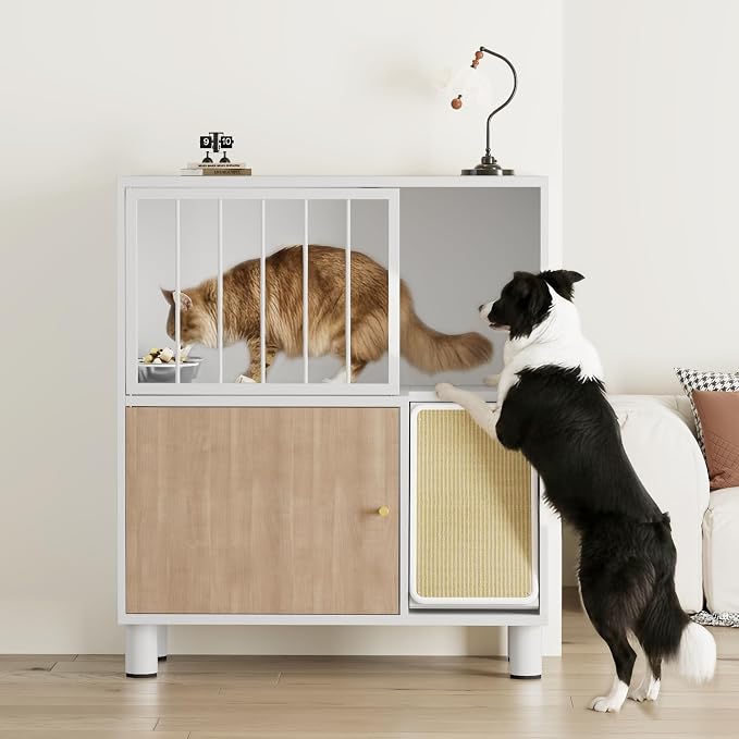 Metal Cat Feeding Station, Dog Proof Cat Feeding Station, Pet Food Storage | Cat Food Table, Raised Bowls for Indoor Cats, Elevated Food Bowls with Stand, Cat House with Scratching Board, Metal White