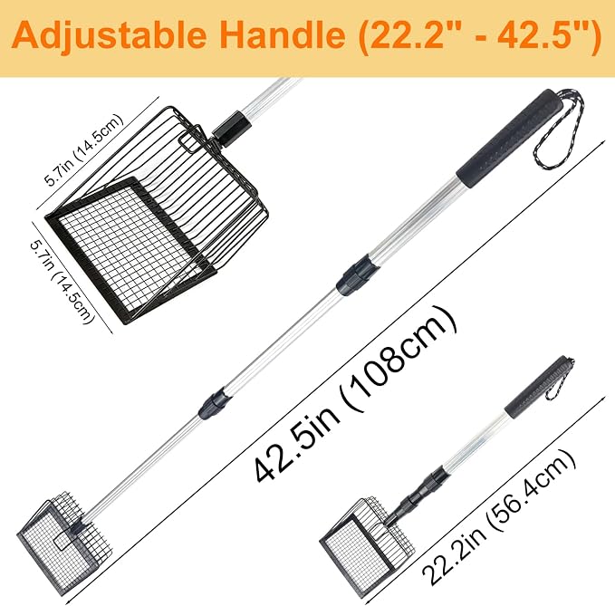 Metal Cat Litter Scoop with Extendable Long Handle, No Bending Back | Heavy Duty Stainless Steel Cat Pooper Scooper Large Durable Non-Stick Deep Shovel Kitty Litter Scoop Detachable Long Handle