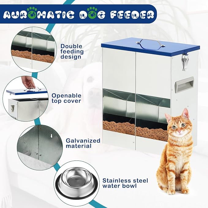 Qinyoung Automatic Feeder for 2 Cats Outdoor Galvanized 42cups/10l Double Feeder with 2 Stainless Steel Water Bowls for Small Pets Cats Dogs Outdoor Indoor Dry Food Dispenser