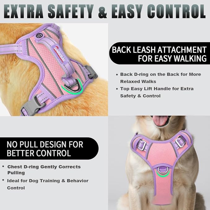 BARKBAY No Pull Dog Harness Large Reflective Dog Harness with Front Clip and Easy Control Handle for Walking Training Running with ID tag Pocket(Baby Pink & Violet Purple,L)
