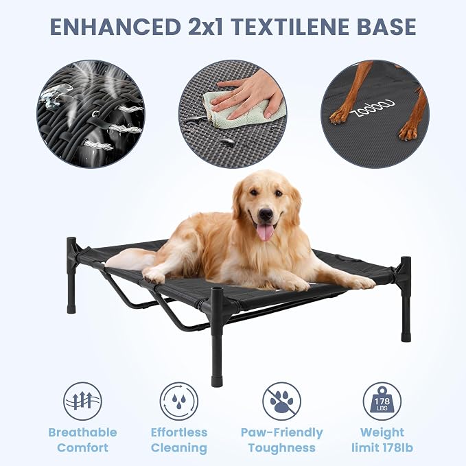 Zooba 48in XL Dog House Outdoor, Elevated Dog Bed with Canopy, Brown | Weather-resistant 600D PVC canopy, breathable 2x1 Textilene elevated bed, steel frame; indoor or outdoor; easy to clean