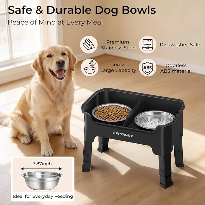 URPOWER Mess Proof Elevated Dog Bowls, Splash Guard Raised Bowl Stand | 4 Adjustable Heights, 2 Stainless Steel Bowls, Food & Water Separation, Foldable Design Non-Slip for Small Medium Large Dogs