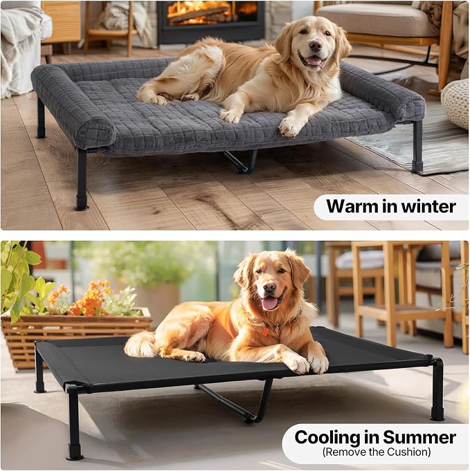 Veehoo Elevated Dog Bed with Fluffy Plush Bolster Cushion, Dog Couch Bed | Cooling Raised Dog Bed for Large Dogs, Washable Orthopedic Pet Cot with Removable Mat, Breathable Mesh, Non-Slip, 53", Grey