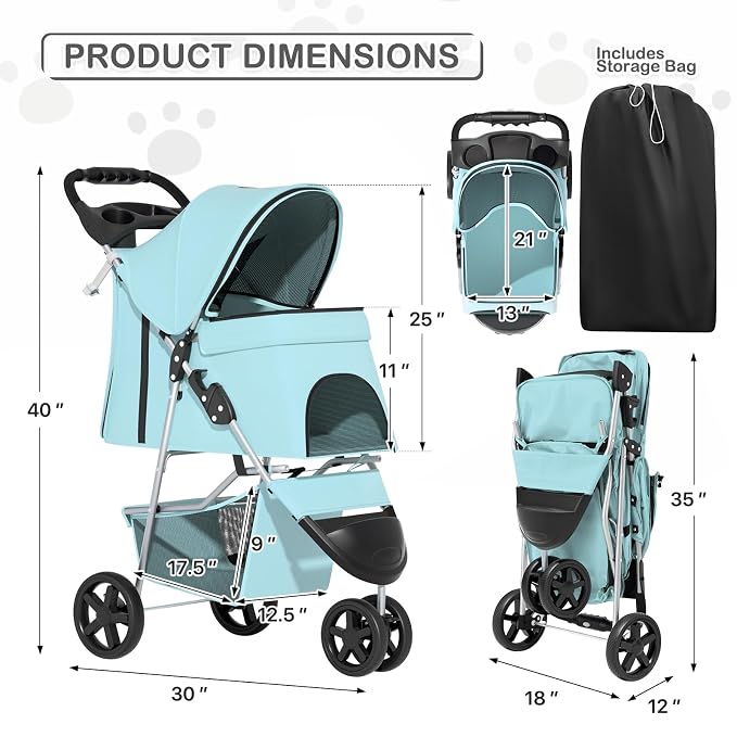 MoNiBloom 3 Wheels Pet Dog Cat Stroller for Small Medium Dogs Cats, Lightweight Foldable Jogger Stroller w/Storage Basket and Cup Holder, Mint Green