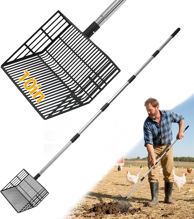 PUPTECK Large Chicken Poop Scooper - Adjustable Long Handle Poop Scooper with Deep Shovel, Detachable Heavy Duty Shovel Multifunctional Chicken Cleaning Tool Coop Accessories(23"-68")