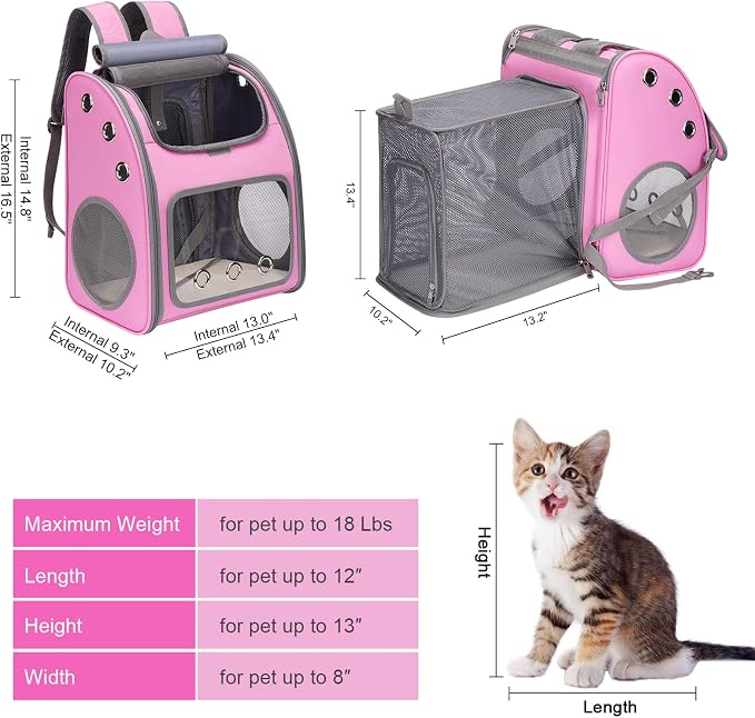 Expandable Cat Backpack Carrier, Portable Cat Backpack Up to 18 lbs | Airline Approved Pet Travel Carrier, Super Ventilated Design, Ideal for Traveling/Hiking /Camping, Pink