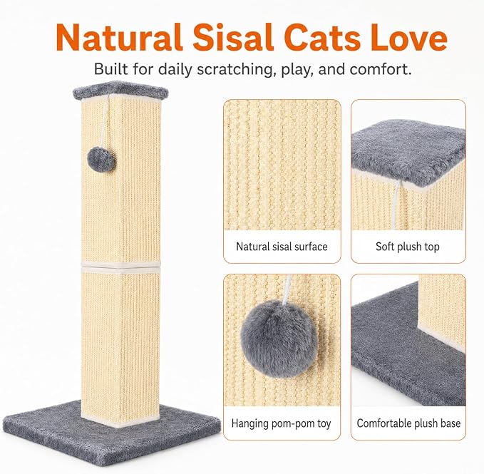 Cat Scratching Post for Large Indoor Cats & Kittens, Cat Scratcher with Extra Large Stable Base and Natural Sisal, Sturdy Cat Scratch Post to Protect Furniture & Couch, Grey, 32 Inch