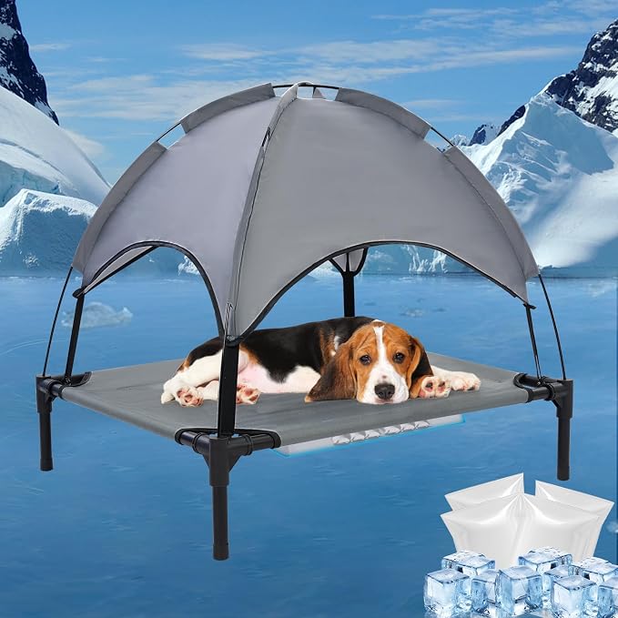 30'' Elevated Outdoor Dog Bed with Canopy, Cooling Raised Dog Bed, Pet Beds | Outdoor Dog Bed with Canopy Medium Large Size Dogs with Ice Pack, Dog Cooling Beds, Outdoor Pet Hammock Beds, Outside Pet Bed