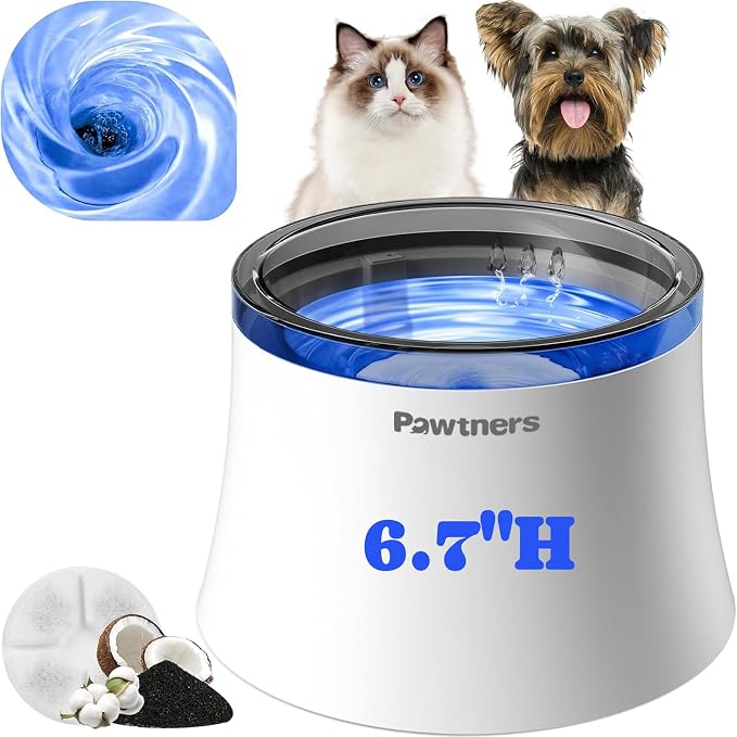 Pawtners Pet Dog Water Fountain with Vortex Filter, 1 Gal/3.5L Water Bowl Dispenser for Medium Small Dog/Cat, Automatic No Spill Cat Fountain for Inside, Deep Drinking Area and Quiet Pump, 6.7" H