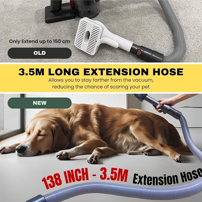 Pet Hair Grooming Brush Vacuum Attachment for Dogs, Cats with Vacuum Extension Hose up to 3.5M – Compatible with Miele, Shark Rocket HV322, HV301, HV371, Rotator NV501, Navigator NV350 Series & More