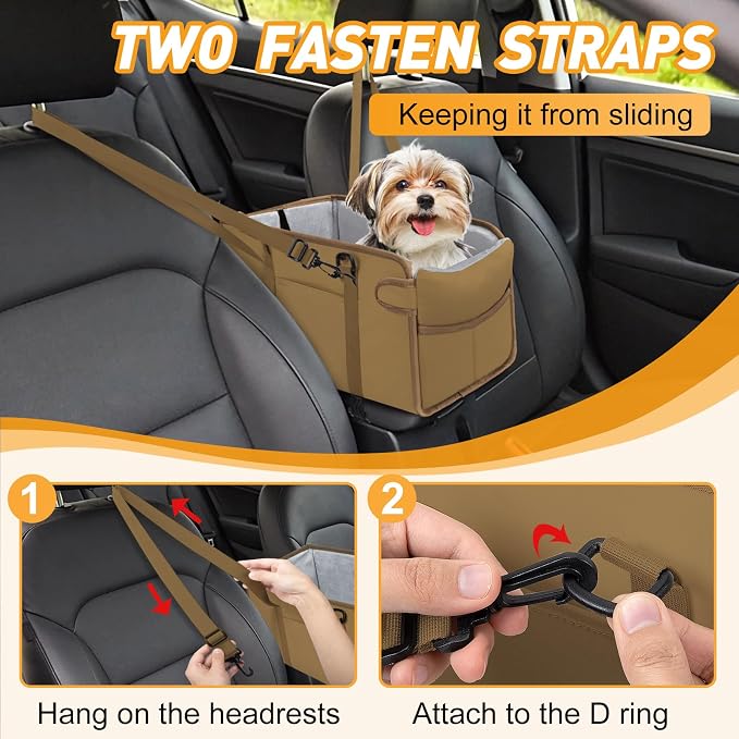 Portable Dog Car Seat for Small Dogs, Puppy Car Seat, Khaki | Booster Seat With Safety Leash & Adjustable Straps Keeps Small Dogs Secure. Removable Washable Cushion. Fits Most Cars.