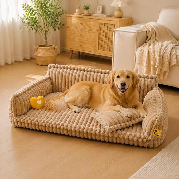 FUNNY FUZZY Dog Bed, Fluffy XXL Orthopedic Dog Couch with Pillow | Support Dog Bed for Extral Large Dogs, Cozy Corduroy Flannel, Non-slip, Snoozy Dream 47"×29.5"×15.7", Camel, Up to 75 Lbs