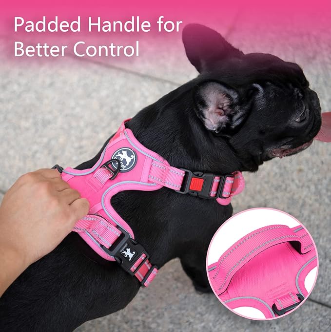 PoyPet No Pull Dog Harness, Reflective Vest with 2 Leash Clips & Handle | Lockable Neck Release Buckle, No Choke, Adjustable, Soft Padded, for Walking Training, Pink Matching Trim, Medium