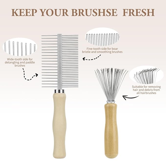 2-Pack Dual-Sided Hair Brush Cleaning Tool - Mini Cleaner Comb with Wooden Handle for Removes Hair & Buildup from Boar Bristle, Paddle, Detangling & Styling Brushes
