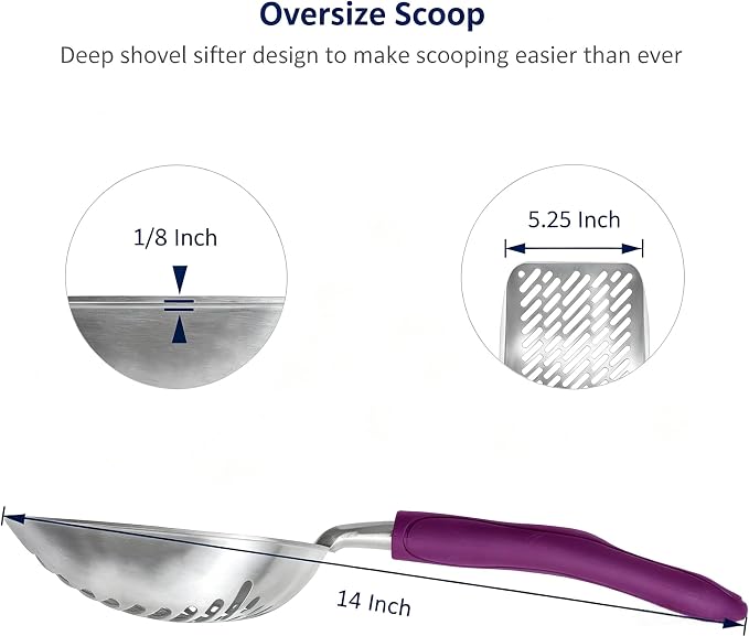 Cat Litter Scoop, Aluminum Alloy Sifter, Kitty Metal Scooper, Deep Shovel with Diagonal Sifting Hole, Long Handle, Kitten Poop Lifter for Litter Box, Large Size, Violet Handle