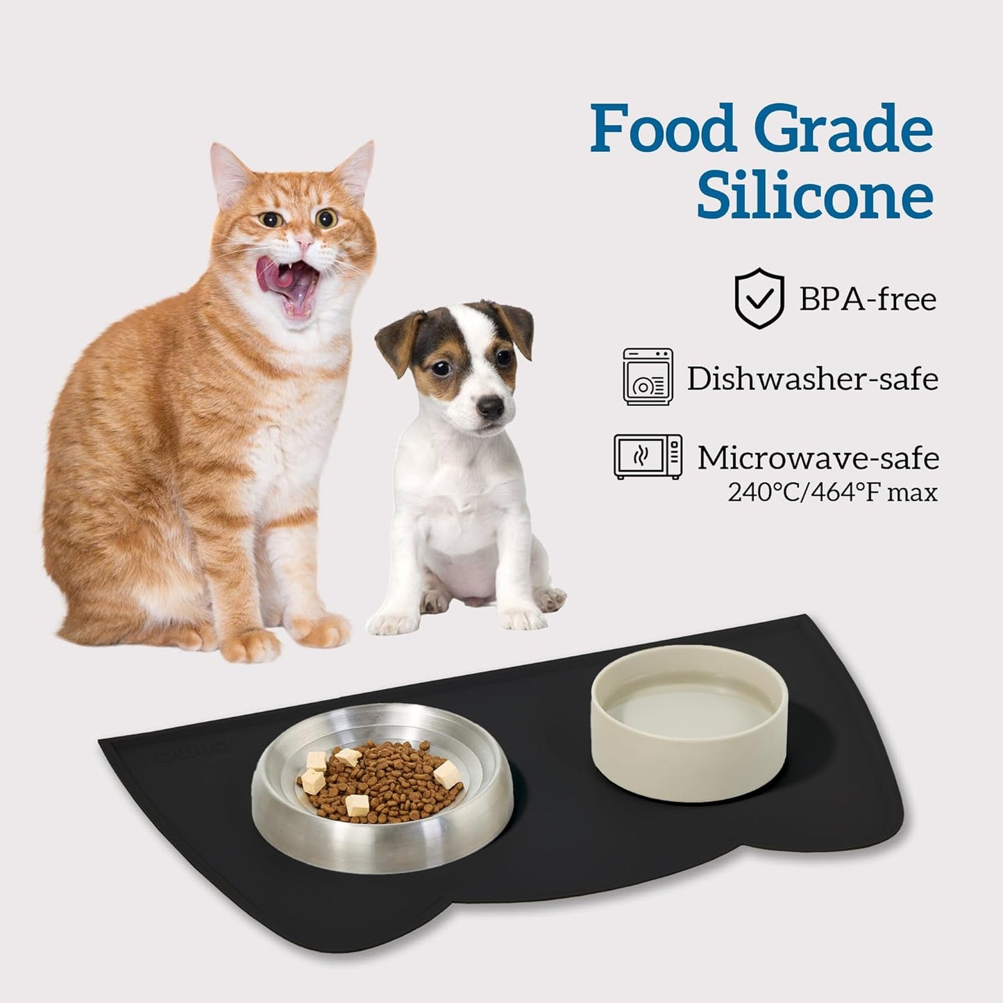 OHMO - Cat Food Mat, Silicone Pet Feeding Mat for Floor Non-Skid Waterproof Dog Water Bowl Tray, Easy to Clean Pet Placemat (Black, 20 * 12'')