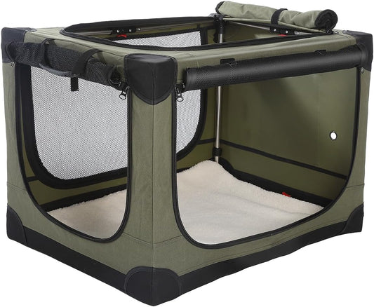 24-Inch Collapsible Travel Dog Crate, Portable 4-Door Soft Kennel for Medium to Large Dogs, Durable Mesh Windows, Indoor/Outdoor Use, Foldable, with Storage Bag (Green)