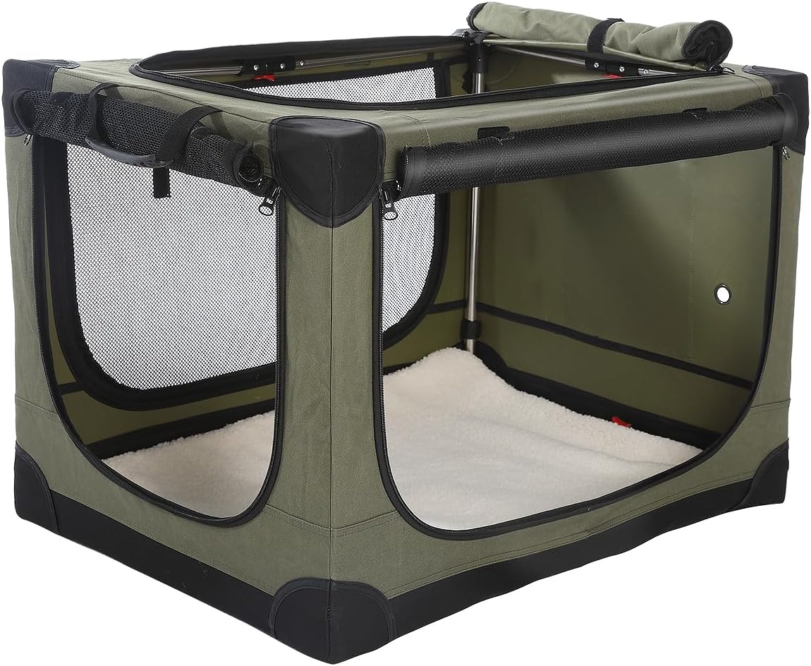 36-Inch Collapsible Travel Dog Crate, Portable 4-Door Soft Kennel for Medium to Large Dogs, Durable Mesh Windows, Indoor/Outdoor Use, Foldable, with Storage Bag (Green)