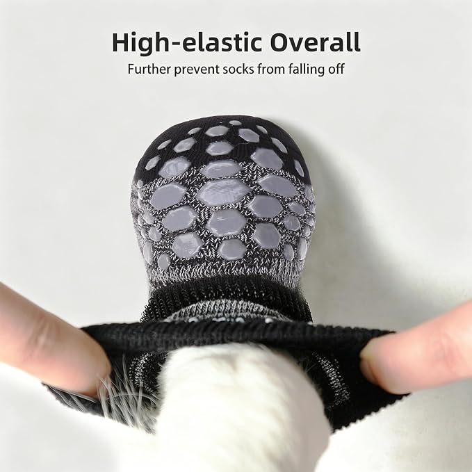 PUPTECK Anti-Slip Dog Socks with Double Sides for Small Medium Large Dogs Hardwood Floors Prevents Licking, Dog Shoes for Hot Pavement Traction Control Paw Protector for Senior Dogs, Striped Black M