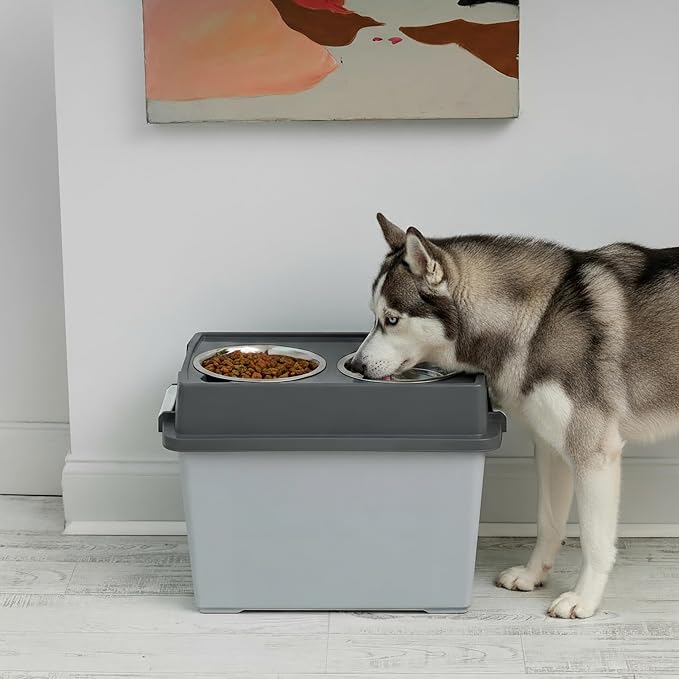 IRIS USA Elevated Dog Bowls 15" H, up to 47 lb Storage, Gray/Dark Gray | Made in the USA, Comes with 2 Stainless Steel Bowls (64 oz), Elevated Feeder, Reduce Strain, Perfect for Camping & Outdoors