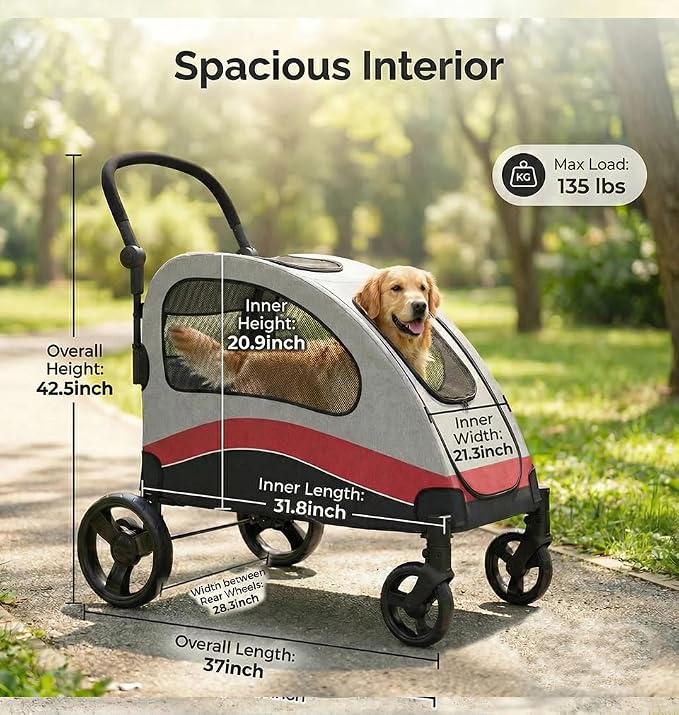 Garvee Extra Large Dog Stroller with Steel Pipe Frame, Wheels, Brakes, Shock Absorption, Foldable Design - Red