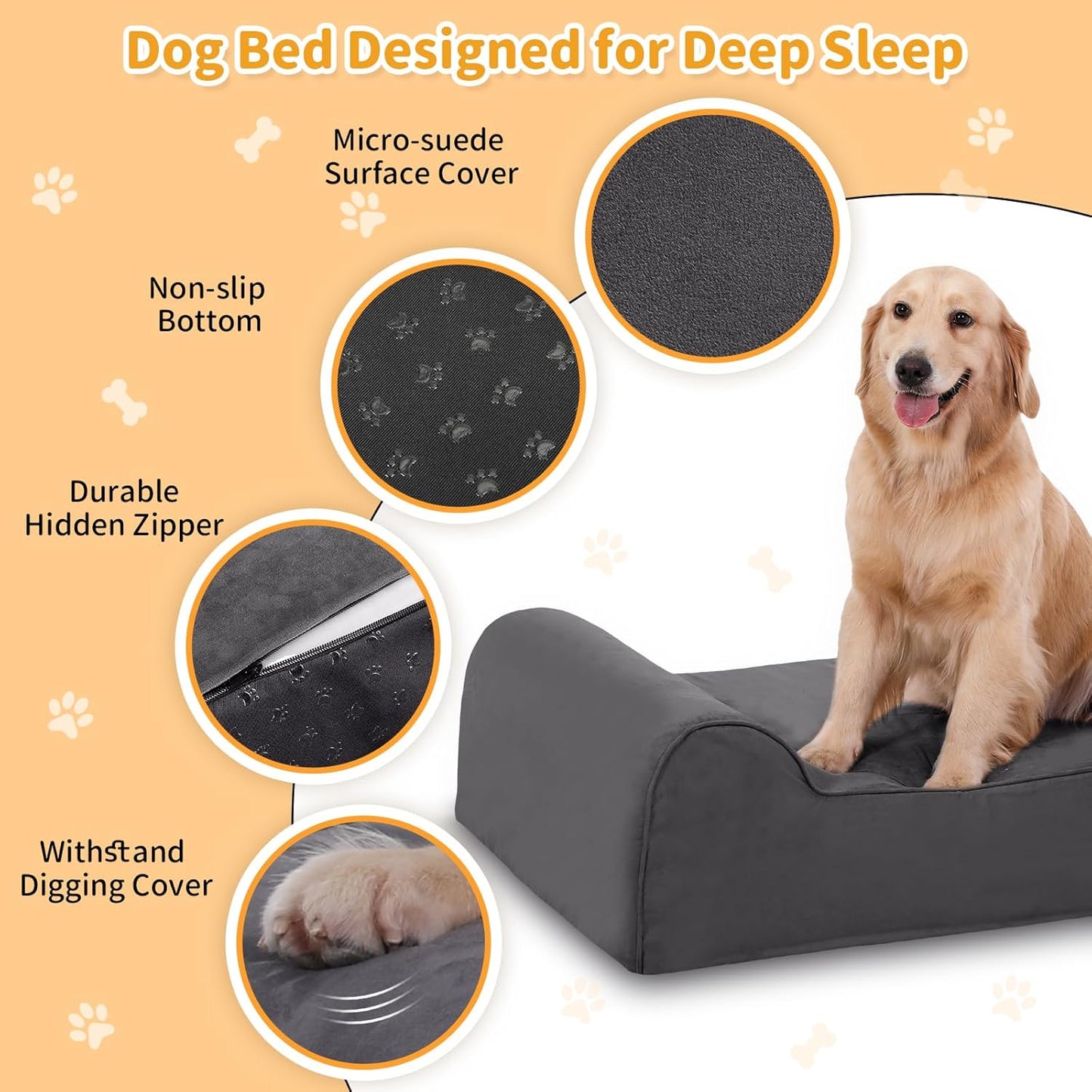 Large Orthopedic Dog Bed, 7" Memory Foam with Waterproof Liner, Chew Resistant Microsuede Cover, Removable and Washable, for Indoor, Outdoor, and Car Use, Nonskid Base, 52"x36" XL Grey