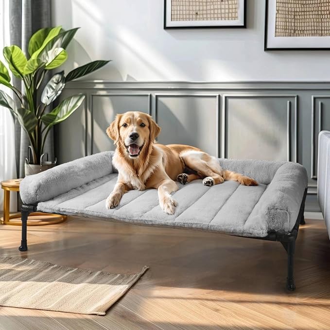 Veehoo Elevated Dog Beds Large Sized Dog with Fluffy Plush Bolster Cushion | Orthopedic Raised Dog Beds for Indoor Outdoor, Soft Pet Sofa Cot with Removable Washable Mat, No-Slip Feet, 42" x 30", Grey
