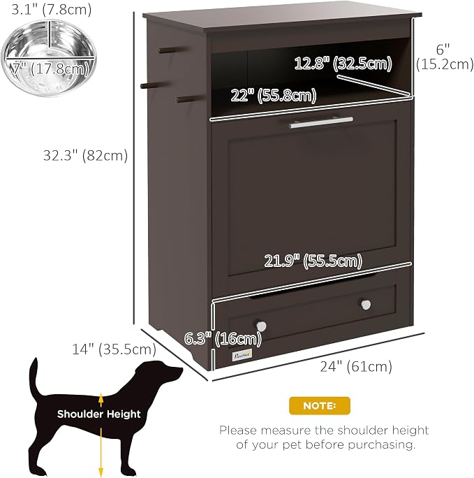 PawHut Dog Feeding Station with Raised Bowls, Pet Feeder Station, Brown | Dog Food Storage Cabinet, Hanger for Feeding & Watering Supplies
