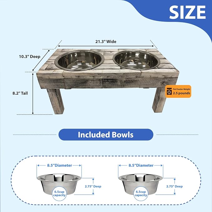 Pet Berjen Table Elevated Double Bowl Feeder, White Wash (Large)