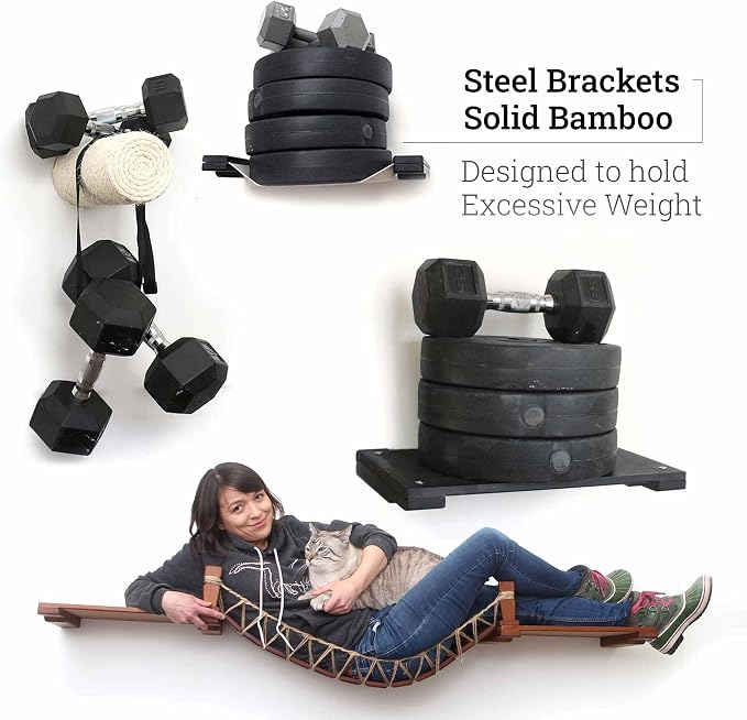 Catastrophic Creations Cat Tree with Hammock Perch – Mounting Wall Cat Shelves w/Canvas Fabric – Bamboo Wood Cat Tree Floating Steps – Lounger & Climber Cat Trees – Modern Cat Furniture