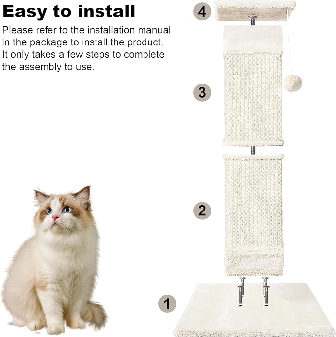 Cat Scratching Post 33 inch for Indoor Cats, Sisal Cat Scratcher, Vertical Posts with Dangling Ball, High Cat Scratch Post, Cat Tree for Full-Body Stretching, Protect Your Furniture, Beige White
