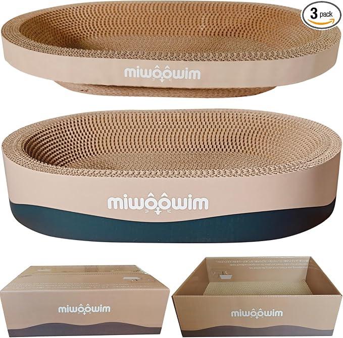 miwoowim 3-Piece Cat Scratcher Set, Oval Bowl Nest for Indoor Cats | 2 oval bed &1 box for scratching & lounging,Durable round corrugated cardboard pad & catnip toy.Furniture protector for couch