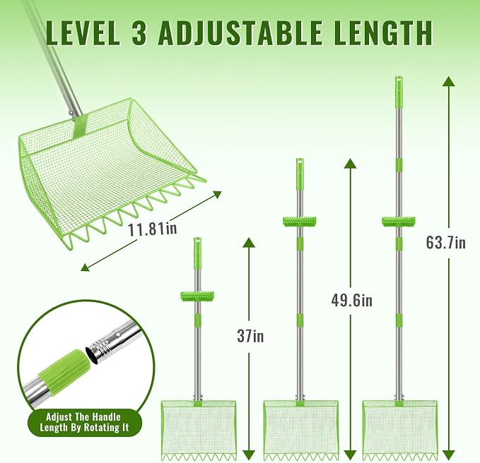 2-in-1 Chicken Coop Scooper: Extra Large 12” Poop Scooper & Rake with Adjustable Handle (37”-65”) | Heavy-Duty Metal Shovel for Quick Pet Waste, Rabbit, Guinea, Barn Cleaning | US Patent Pending,Green