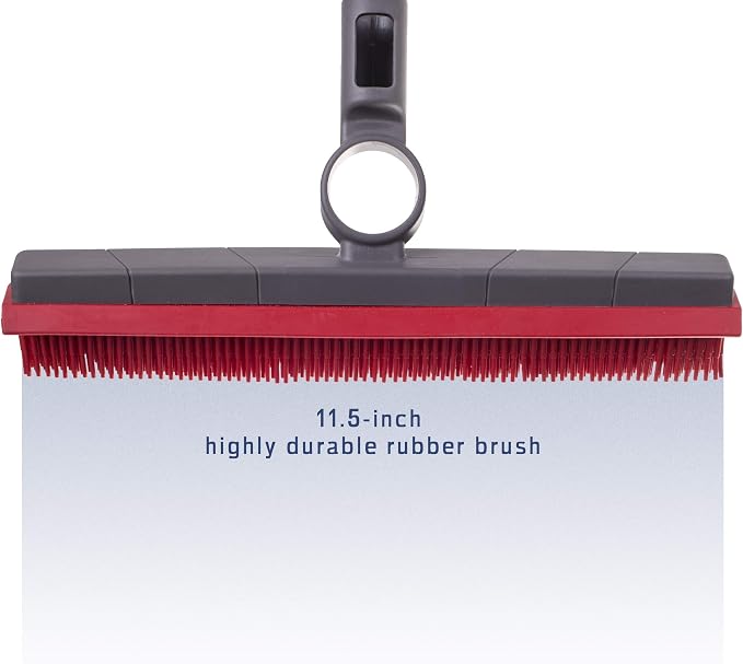 Premium Rubber Floor Brush with 11.5-Inch Squeegee & Stainless Steel Handle - for Carpets & All Surfaces - Pet Hair Fur Remover Broom - Extendable up to 56 Inches