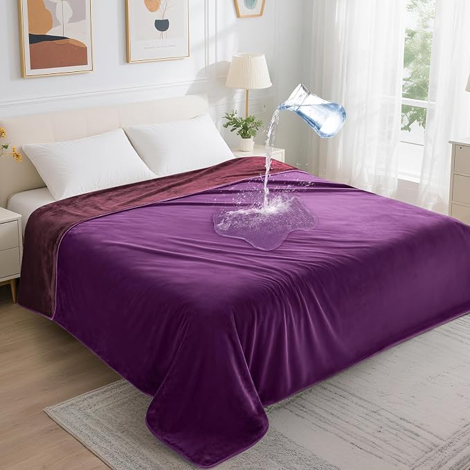 LOOBANI Waterproof Blanket for Queen Bed, Reversible Purple Flannel 80"x90" | Waterproof Dog Blankets for Large Dogs, Spill-Proof Couch Cover for Family Movie Nights, Camping, Travel, Noise Free